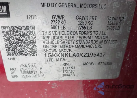 2019 GMC Acadia Sle-1 z USA, uszkodzony, nr VIN 1GKKNKLA0KZ195417